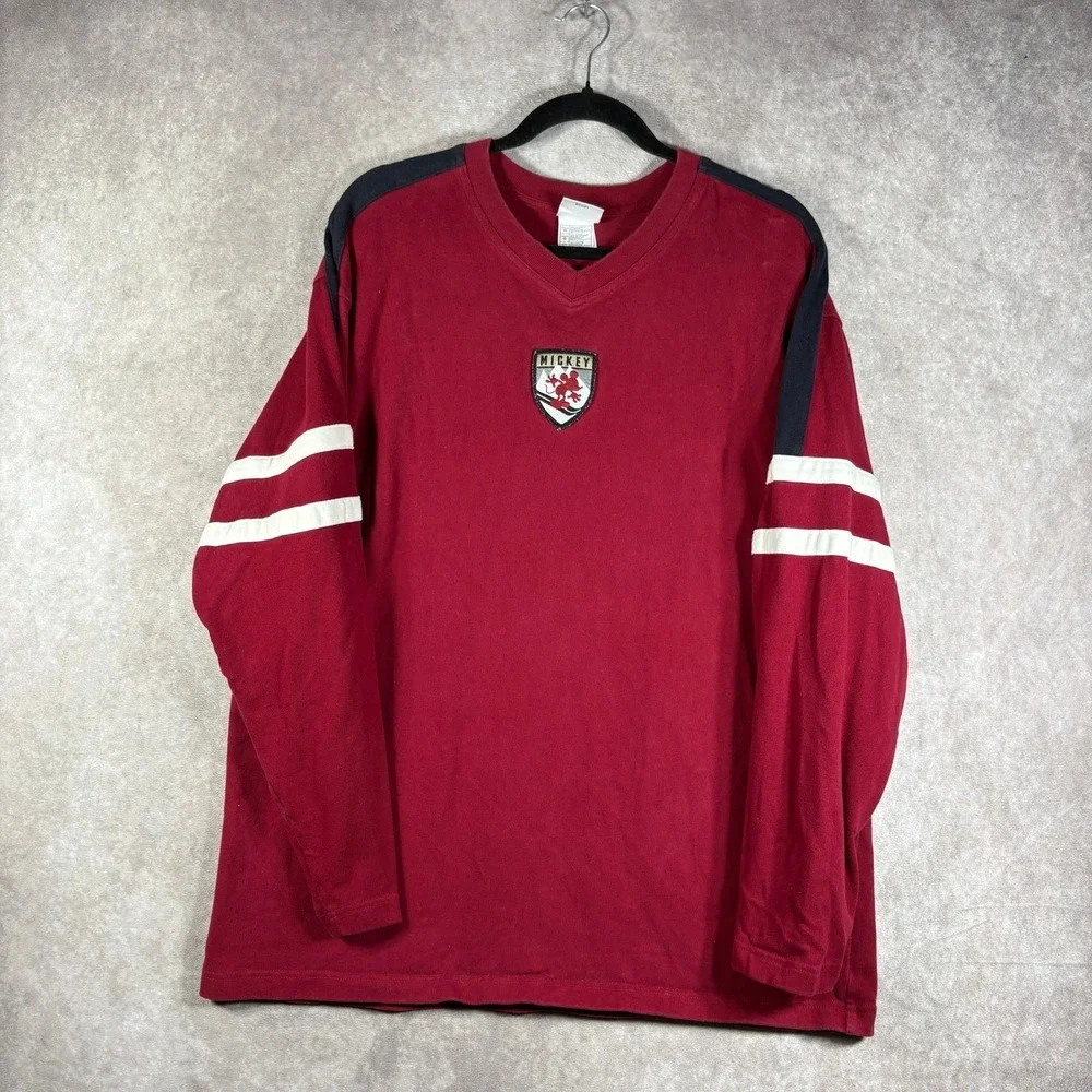 Vintage The Disney Store Mickey's Ski Lodge Rugby Shirt Mens Large Red V-Neck